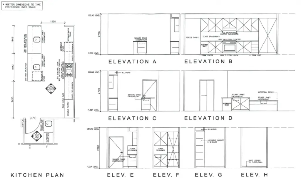 a feng shui floor plan showing the top and side elevations of a kitchen