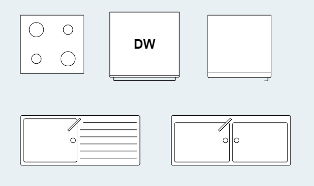 different kitchen icons used in professional floor plan design.