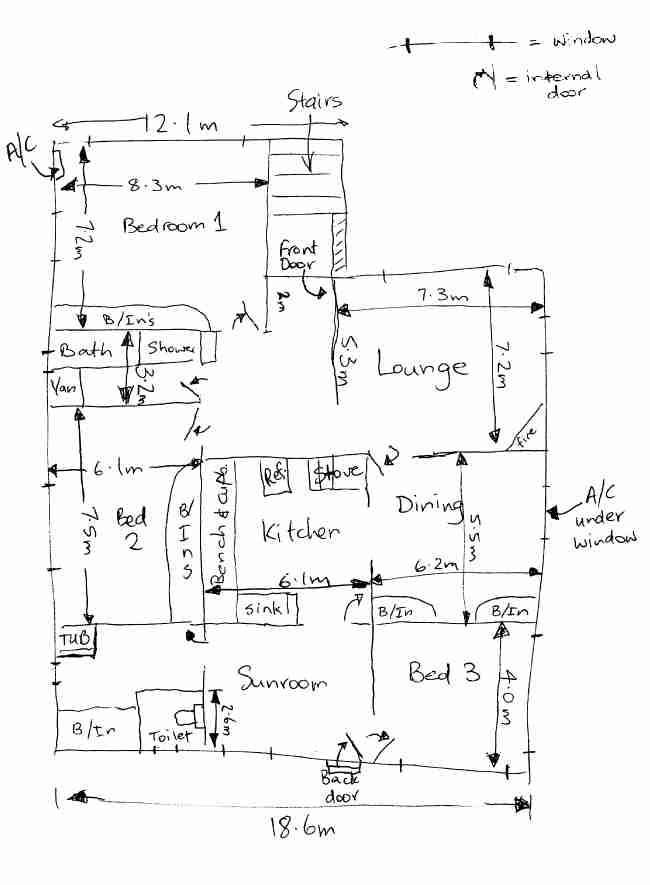 A sketch of a home floor plan with the measurements of each room marked in pen